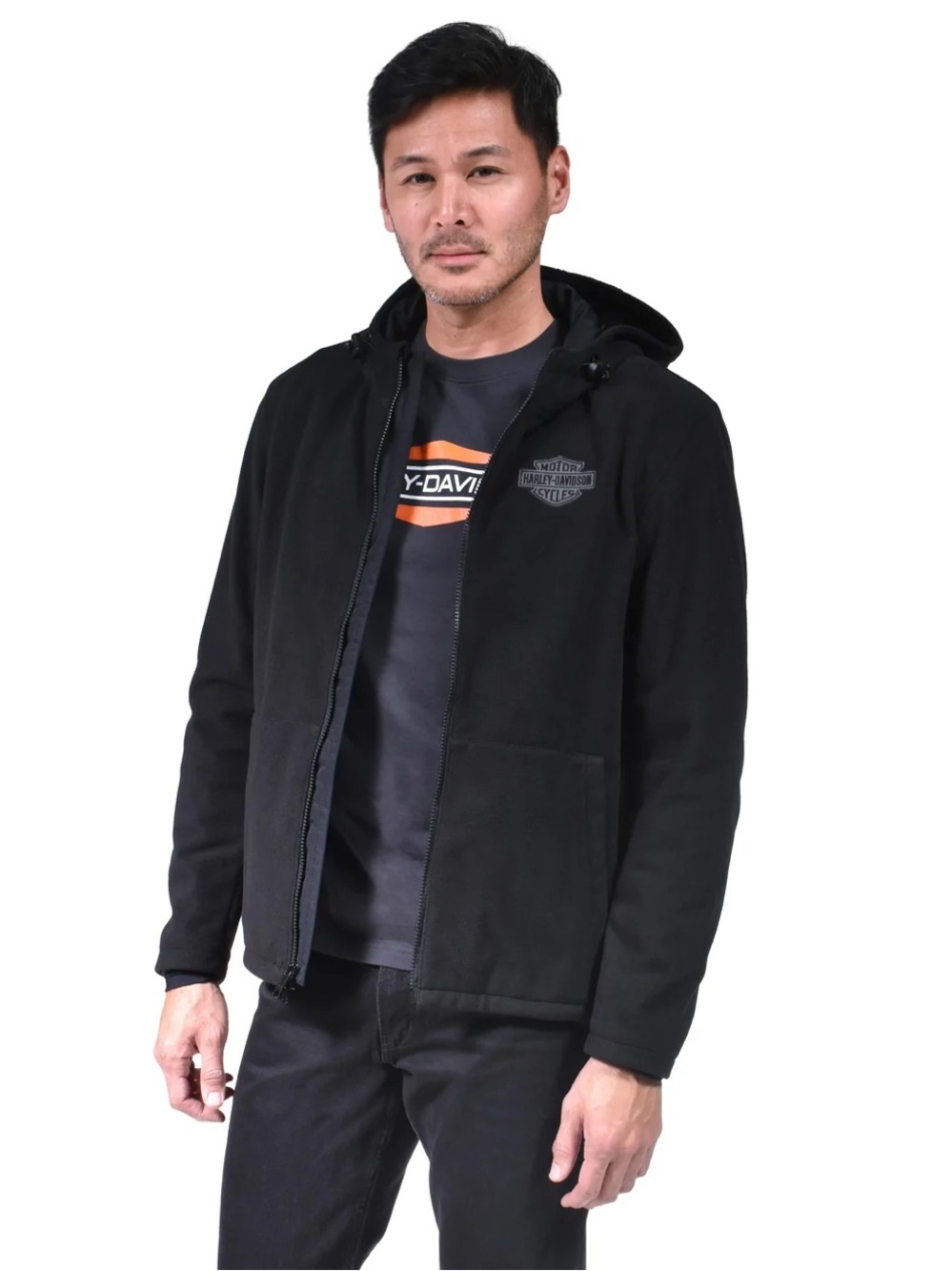 Harley-Davidson Black Hooded Zip-Up Fleece Jacket with Chest Emblem. 2XL